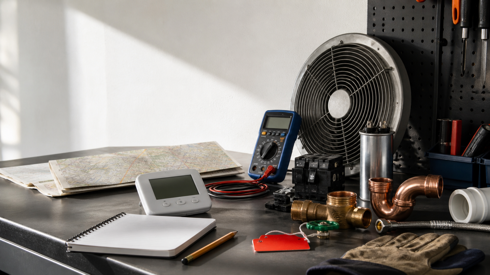 HVAC, electrical, and plumbing parts arranged on a daylight workbench